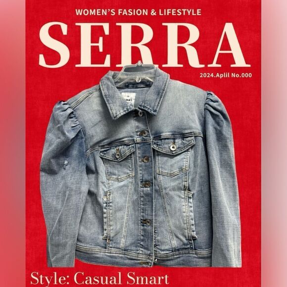 Serra Denim Jacket Puff sleeve Buckle on the back NWT - Picture 1 of 8